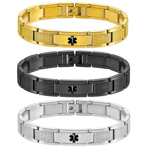 ***COI Titanium Black/Gold Tone/Silver Medical Alert Bracelet With Steel Clasp(Length: 8.27 inches)-01877BB