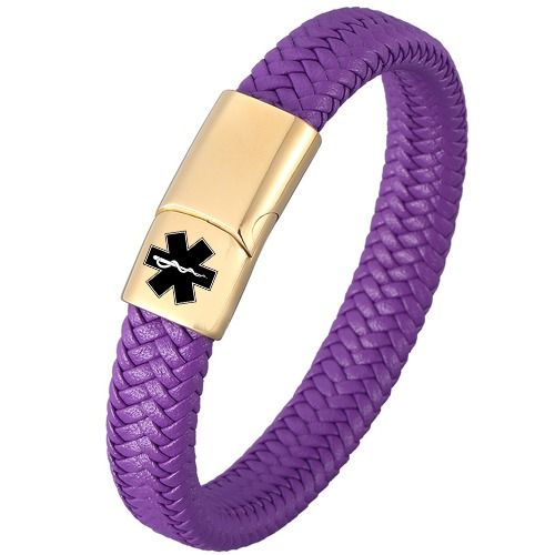 ***COI Gold Tone Titanium Medical Alert Purple Genuine Leather Bracelet With Steel Clasp(Length: 8.27 inches)-01878BB