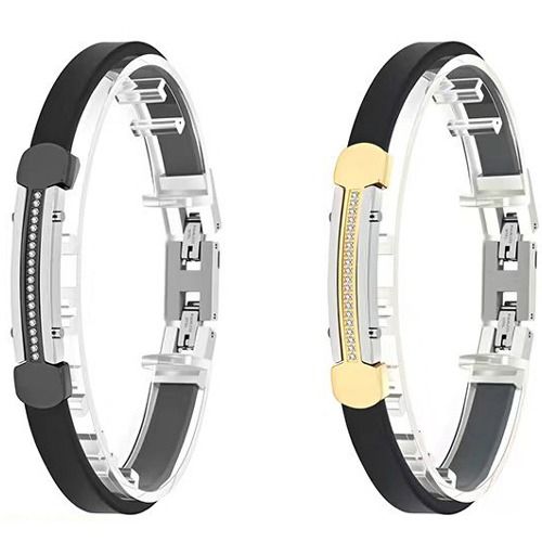 ***COI Titanium Silver Black/Gold Tone Cubic Zirconia Rubber Bracelet With Steel Clasp(Length: 9.25 inches)-01880BB
