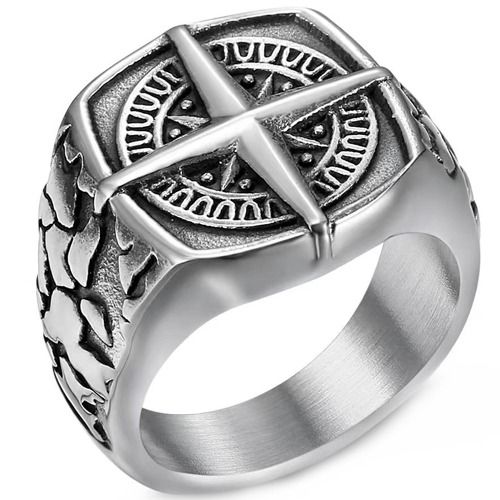 ***COI Titanium Black Silver Compass Ring-01886BB