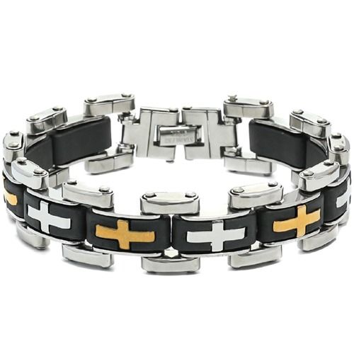 ***COI Titanium Black Gold Tone Silver Cross Bracelet With Steel Clasp(Length: 8.27 inches)-01894BB