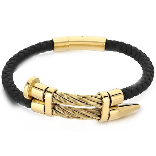 ***COI Titanium Black/Gold Tone/Silver Genuine Leather Bracelet With Steel Clasp(Length: 8.46 inches)-01897BB