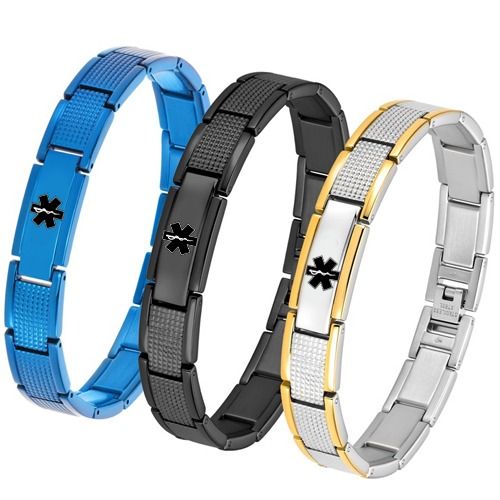 ***COI Titanium Black/Blue/Gold Tone Silver Medical Alert Bracelet With Steel Clasp(Length: 8.27 inches)-01934BB