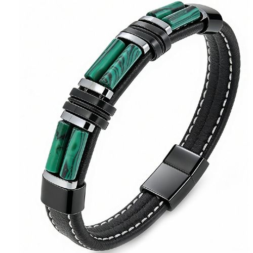 ***COI Black Titanium Green Malachite/Tiger Eye Genuine Leather Bracelet With Steel Clasp(Length: 8.27 inches)-01951BB