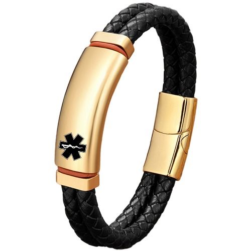 ***COI Titanium Black/Gold Tone/Silver Medical Alert Genuine Leather Bracelet With Steel Clasp(Length: 8.27 inches)-01955BB