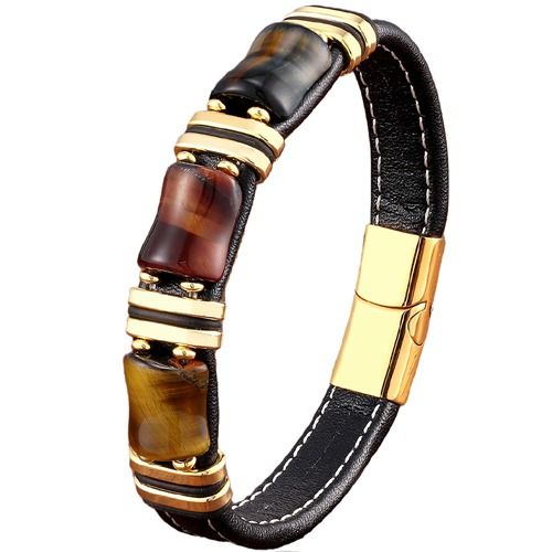 ***COI Gold Tone Titanium Tiger Eye Genuine Leather Bracelet With Steel Clasp(Length: 8.27 inches)-01956BB