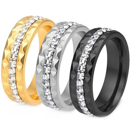 ***COI Titanium Black/Gold Tone/Silver Faceted Ring With Cubic Zirconia-01961BB