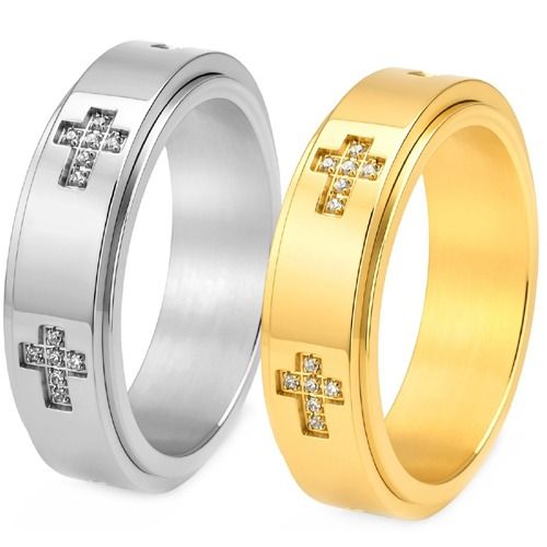 ***COI Titanium Gold Tone/Silver Cross Ring With Cubic Zirconia-01963BB