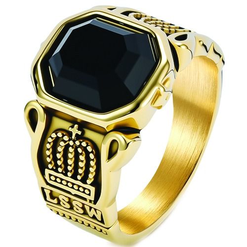 ***COI Titanium Black/Gold Tone/Silver Crown Ring With Black Onyx-01973BB