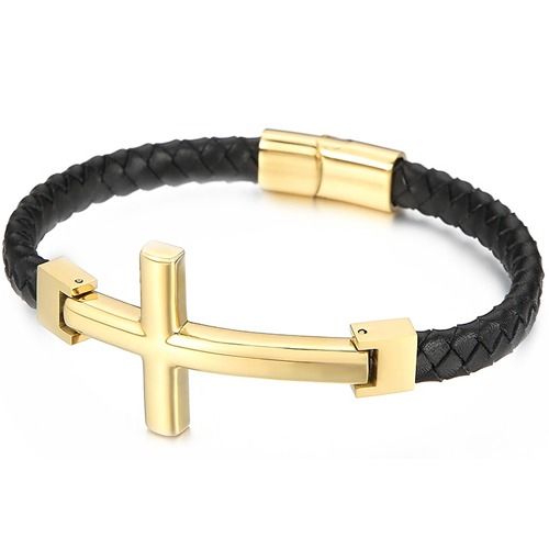 ***COI Titanium Black/Gold Tone/Silver Cross Genuine Leather Bracelet With Steel Clasp(Length: 8.66 inches)-01977BB