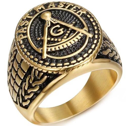 ***COI Titanium Gold Tone Black Masonic Freemason Ring-01986BB