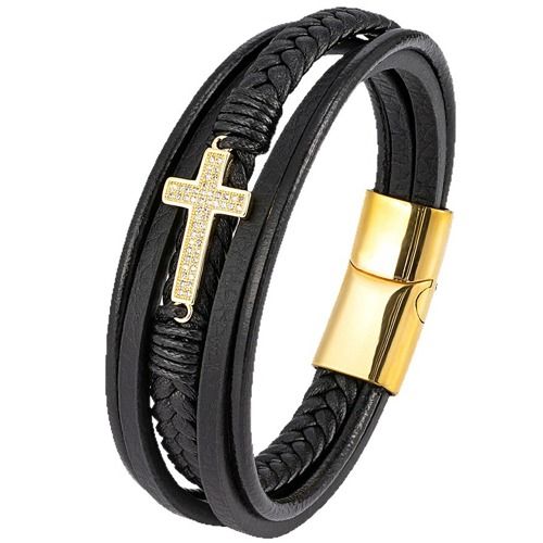 ***COI Titanium Gold Tone/Silver Cross Cubic Zirconia Genuine Leather Bracelet With Steel Clasp(Length: 8.27 inches)-02001BB