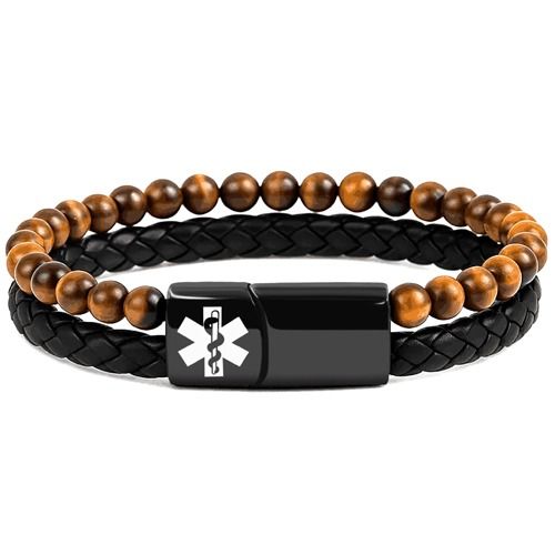 ***COI Black Titanium Tiger Eye Medical Alert Genuine Leather Bracelet With Steel Clasp(Length: 8.27 inches)-02006BB