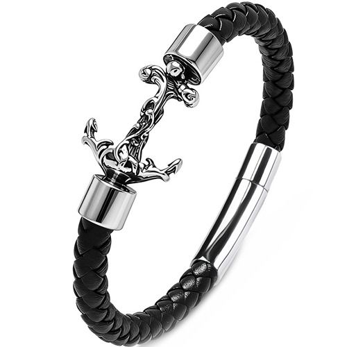 ***COI Titanium Anchor Genuine Leather Bracelet With Steel Clasp(Length: 8.27 inches)-02007BB