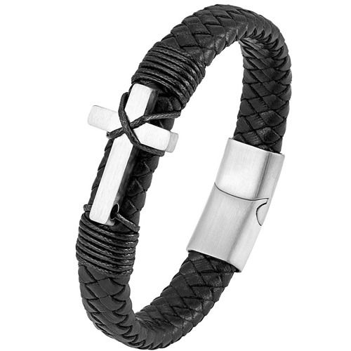 ***COI Titanium Gold Tone/Silver Cross Genuine Leather Bracelet With Steel Clasp(Length: 8.27 inches)-02010BB