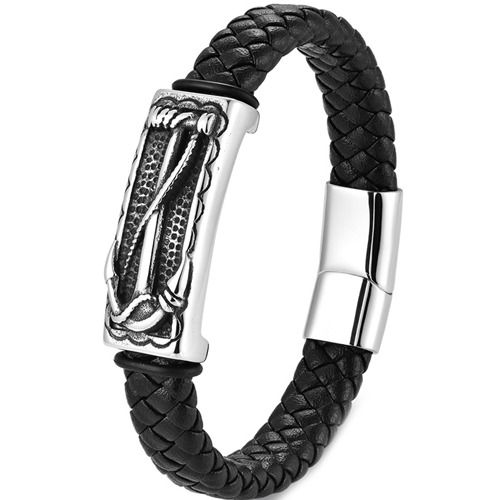***COI Titanium Black Silver Anchor Genuine Leather Bracelet With Steel Clasp(Length: 9.06 inches)-02018BB