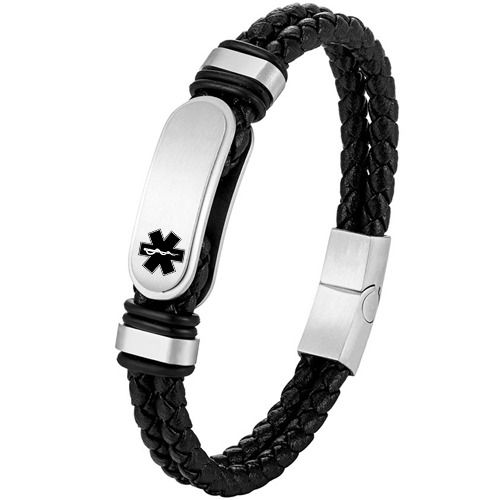 ***COI Titanium Black/Silver/Gold Tone Medical Alert Genuine Leather Bracelet With Steel Clasp(Length: 8.27 inches)-02022BB