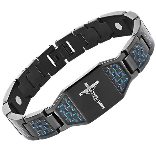 ****COI Black Titanium Carbon Fiber Cross Bracelet With Steel Clasp(Length: 8.27 inches)-02037BB