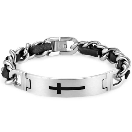 ****COI Titanium Black Gold Tone/Silver Cross Genuine Leather Bracelet With Steel Clasp(Length: 8.27 inches)-02038BB