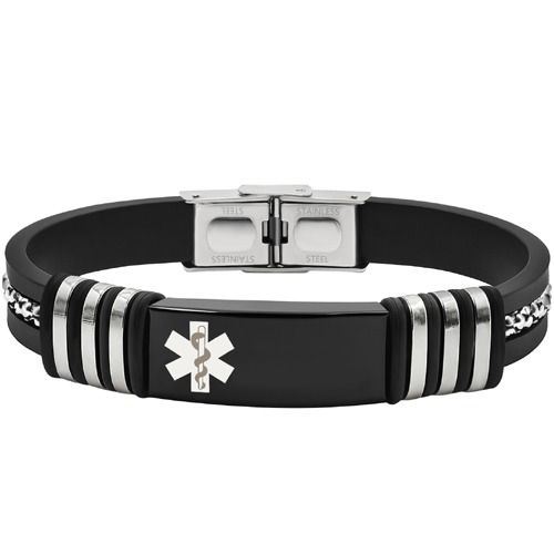 ****COI Titanium Black Silver Medical Alert Genuine Leather Bracelet With Steel Clasp(Length: 8.27 inches)-02044BB