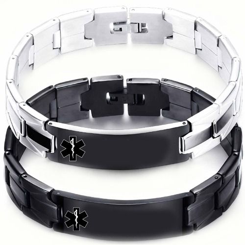 ****COI Titanium Black Silver/Black Medical Alert Bracelet With Steel Clasp(Length: 7.87 inches)-02045BB