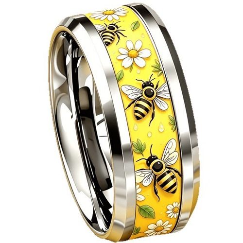 ****COI Titanium Bee & Floral Beveled Edges Ring-02049BB