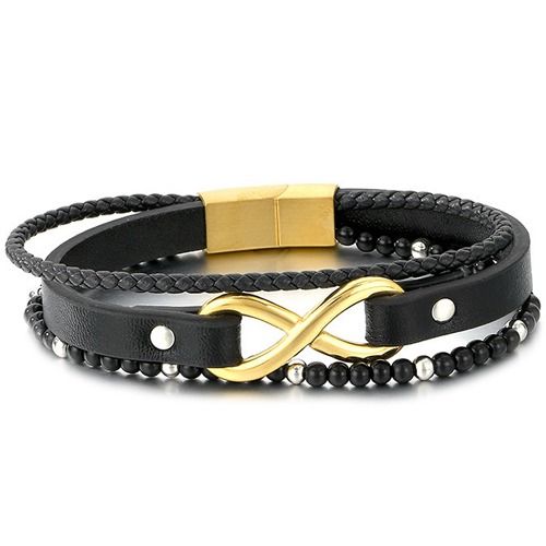 ****COI Titanium Black/Gold Tone/Silver Infinity Genuine Leather Bracelet With Steel Clasp(Length: 8.27 inches)-02057BB