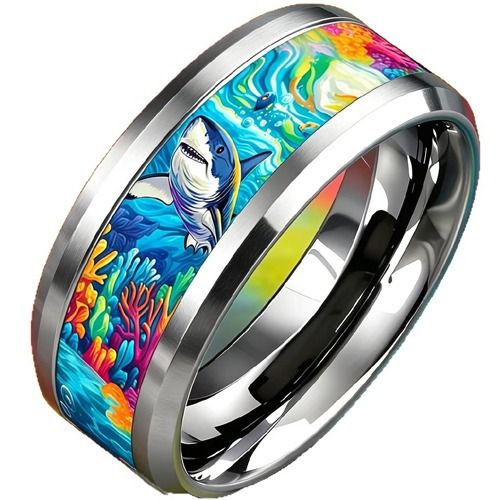 ****COI Titanium Shark Sea Coral Beveled Edges Ring-02062BB