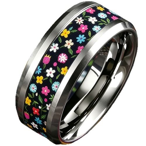 ****COI Titanium Black Rainbow Floral Beveled Edges Ring-02063BB