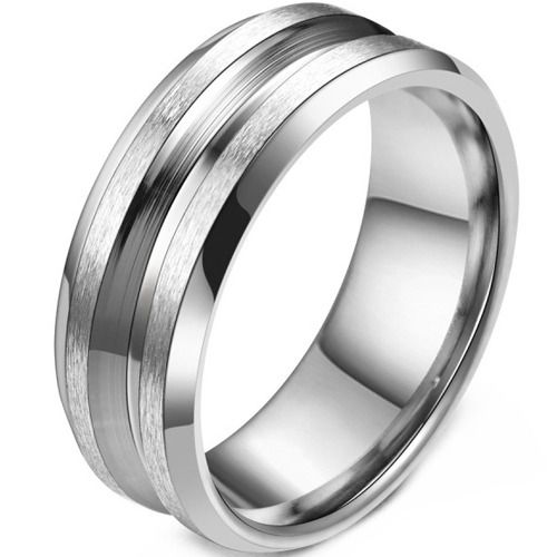 ****COI Titanium Black Silver/Silver Center Groove Beveled Edges Ring-02085BB