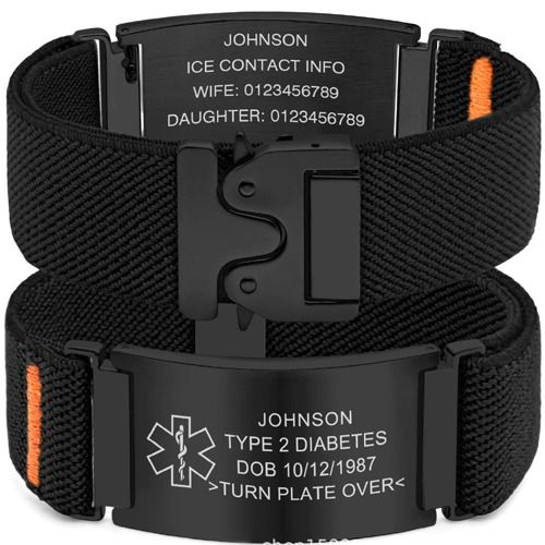 ****COI Black Titanium Medical Alert Nylon Fabric Bracelet With Steel Clasp(Length: 8.27 inches)-02118BB