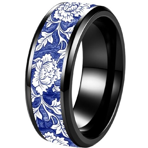 ****COI Titanium Black/Silver Floral & Leaves Beveled Edges RIng-02122BB