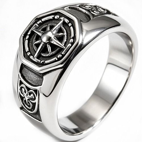 ****COI Titanium Black Silver Compass & Celtic Ring-02134BB