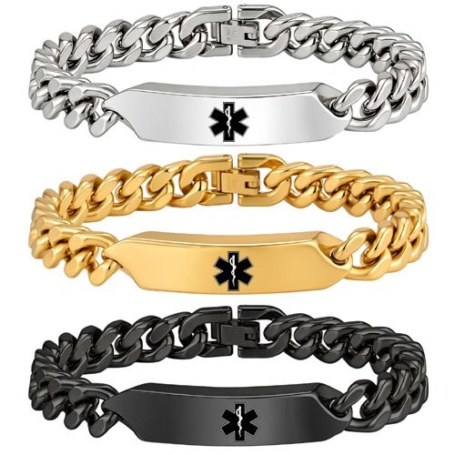 ****COI Titanium Black/Gold Tone/Silver Medical Alert Bracelet With Steel Clasp(Length: 8.27 inches)-02149BB