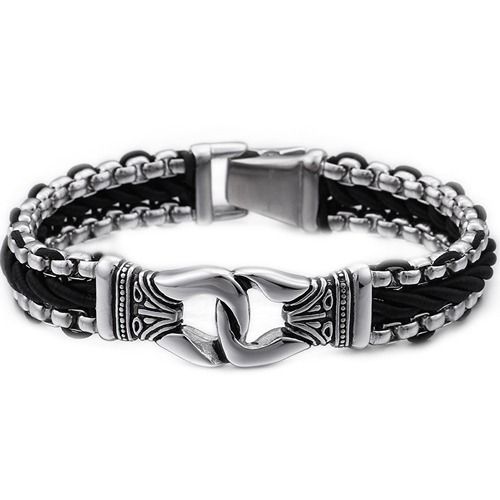 ****COI Titanium Black Silver Genuine Leather Bracelet With Steel Clasp(Length: 8.66 inches)-02155BB