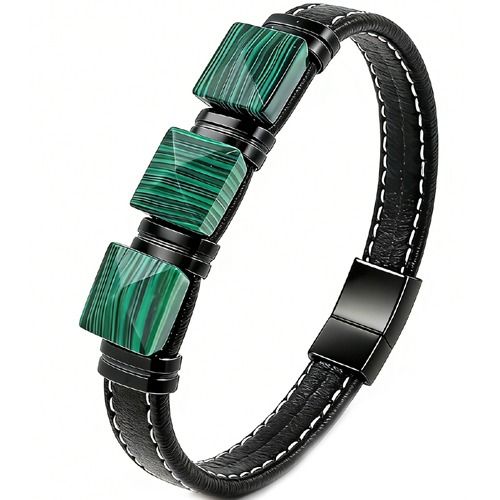 ****COI Titanium Tiger Eye/White Turquoise/Green Malachite Genuine Leather Bracelet With Steel Clasp(Length: 8.27 inches)-02156BB