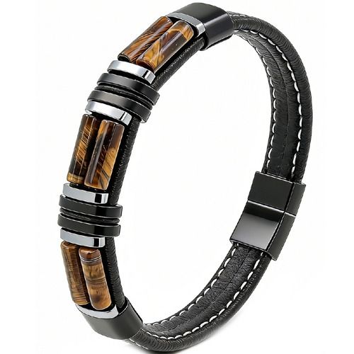 ****COI Titanium Green Malachite/Tiger Eye Genuine Leather Bracelet With Steel Clasp(Length: 9.05 inches)-02158BB