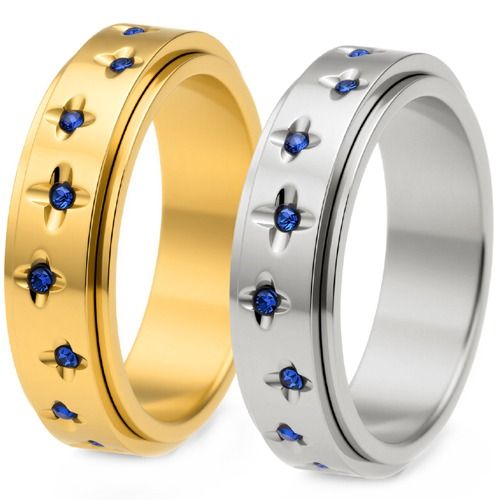 ****COI Titanium Gold Tone/Silver Ring With Created Blue Sapphire-02162BB