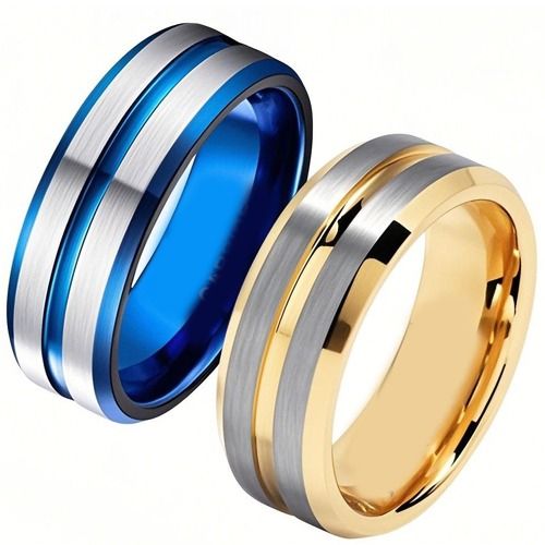 ****COI Titanium Blue/Gold Tone Silver Center Groove Beveled Edges Ring-02165BB