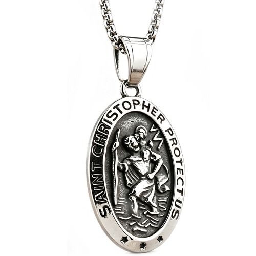 ****COI Titanium Black Silver Saint Christopher Protect Us Pendant-02169BB