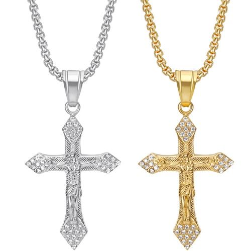 ****COI Titanium Gold Tone/Silver Jesus Cross Pendant With Cubic Zirconia-02174BB