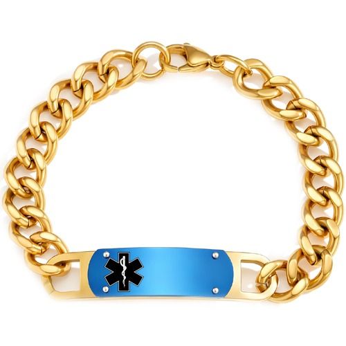 ****COI Titanium Gold Tone Blue Medical Alert Bracelet With Steel Clasp(Length: 7.87 inches)-02178BB