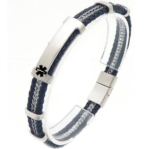 ****COI Titanium Black/Gold Tone/Silver Medical Alert Genuine Leather Bracelet With Steel Clasp(Length: 8.07 inches)-02181BB
