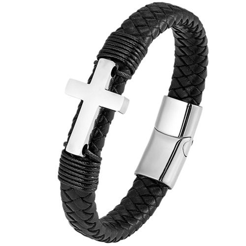 ****COI Titanium Black/Gold Tone/Silver Cross Genuine Leather Bracelet With Steel Clasp(Length: 8.27 inches)-02183BB