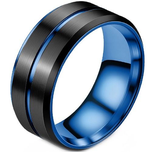 ****COI Titanium Black Blue Center Groove Beveled Edges Ring-02193BB