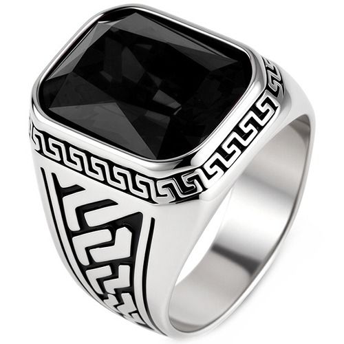 ****COI Titanium Greek Key Pattern Ring With Black Onyx/Created Red Ruby/Green Emerald-02207BB