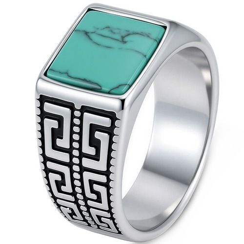 ****COI Titanium Black Silver Greek Key Pattern Ring With Tiger Eye/Black Onyx/Turquoise-02215BB