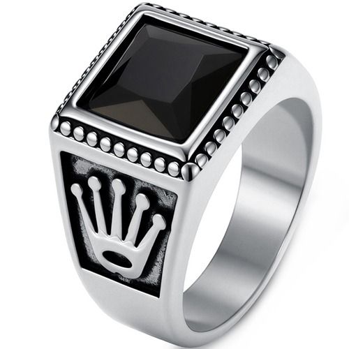 ****COI Titanium Gold Tone/Silver Crown Ring With Black Onyx-02217BB