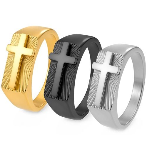 ****COI Titanium Black/Silver/Gold Tone Cross & Grooves Ring-02252BB