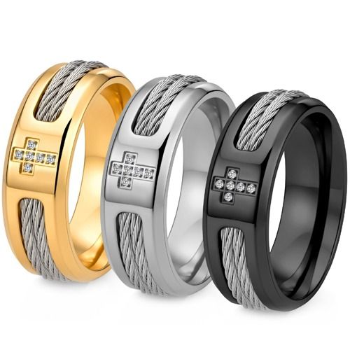 ****COI Titanium Black/Silver/Silver Wire & Cross Ring With Cubic Zirconia-02253BB